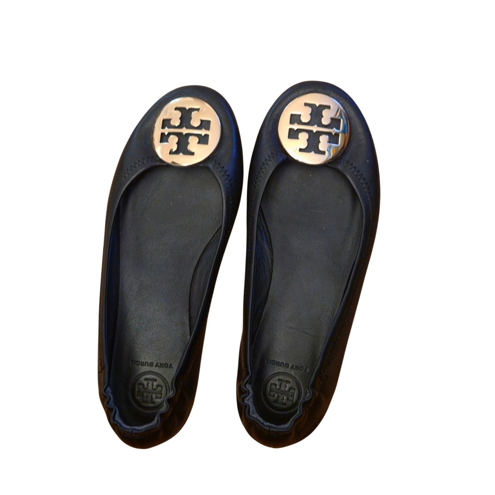 Tory Burch Reva Black Leather Ballet Flats Gold Logo Medallion Size 7